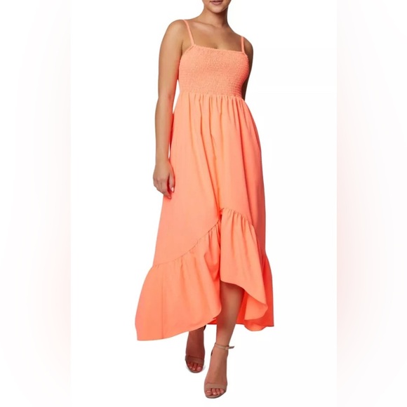 LAUNDRY Womens Orange Smocked Partially Lined Spaghetti Strap Hi-Lo Dress NWOT - Picture 1 of 2
